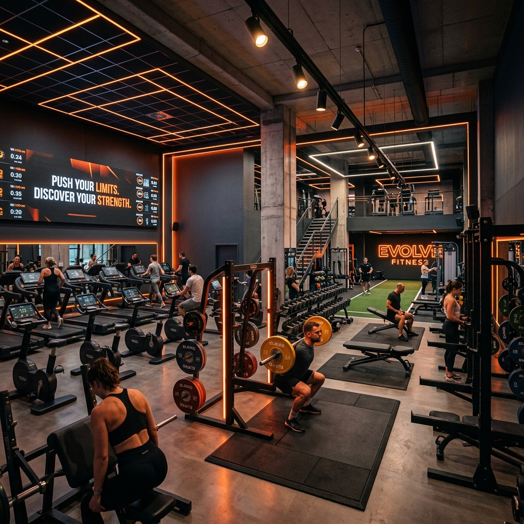 State-of-the-art gym facility with heavy iron racks, cable machines, and dramatic overhead orange lighting, modern interior design, no woman, photorealistic